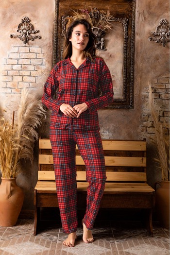 Sude HOMEWEAR Set de pijamale din piele intoarsa camasa rosie in carouri