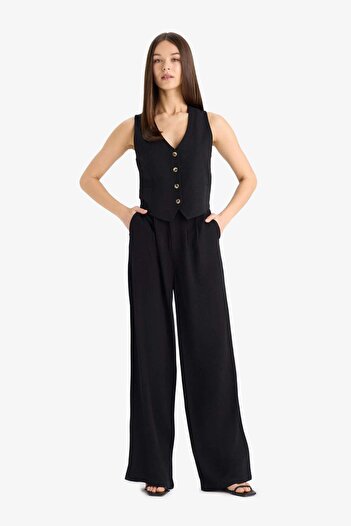 DeFacto Wide Leg Zippered Regular Waist Standard Length Wide Leg Linen Blend Palazzo Pants E6210Ax25Sp