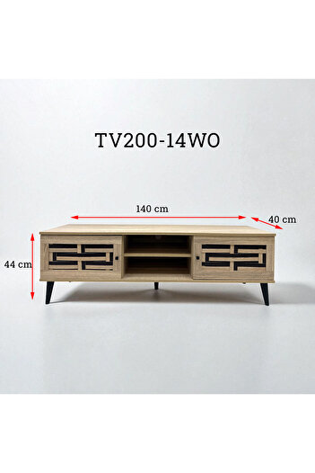 TrentonGCC TV Cabinet 140cm with Storage Shelves, Woven Door Design & Black Legs