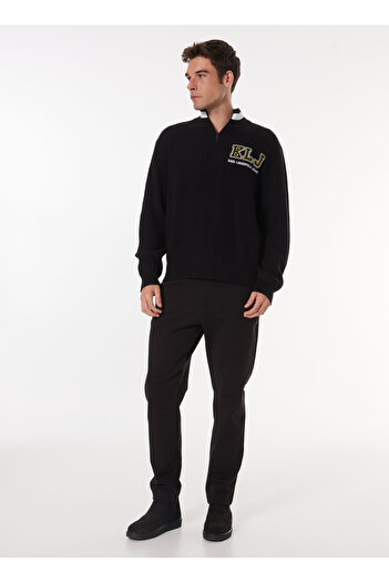 Karl Lagerfeld Jeans Dik Yaka Relaxed Baskılı Siyah Erkek Kazak 245D2001_KLJ RELAXED HALFZIP LOGO S