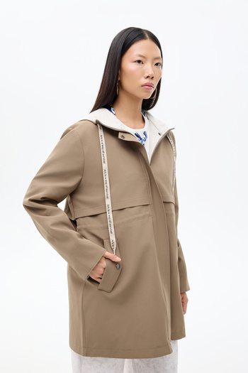 Quzu Hooded Zippered Trench Coat Khaki
