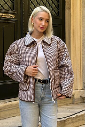 Madmext Brown Gingham Women's Coat with Pockets Mg2488