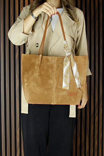 Erkan Saçmacı Tan Genuine Cowhide Suede Magnetic Closure Large Size Daily Shoulder Bag and Handbag with Strap