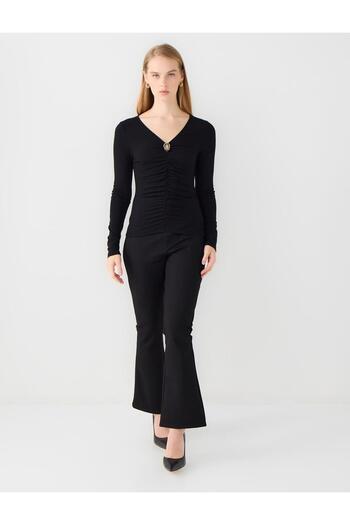 Jimmy Key Black V-Neck Long Sleeve Knitted Blouse with Drawstring Detail