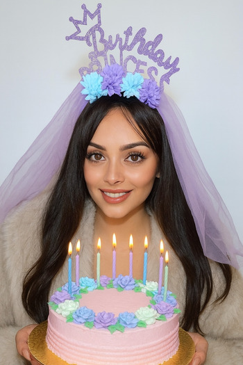 TAKIŞTIR Purple Color Birthday Princess Written Flower Figured Veil Detailed Crown