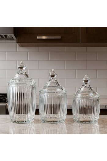 FAIR HOME Set of 3 Line Model Glass Striped Countertop Jars with Lids