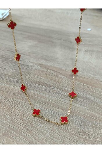 FLORAS JEWELRY Mini Size 10 Clover Bright Red Necklace (Stainless Steel)