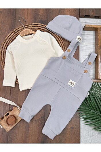 BEBENDY Baby Boy Salopet/Suit with Waffle Badili Button and Pocket Beret Detail