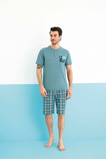 Aydoğan Turquoise Bottom Plaid Patterned Men's Shorts Set