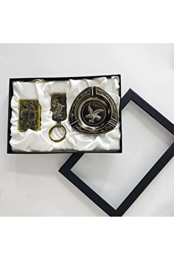 velve Gift set for men Travel Kit, ashtray, key chain and lighter made of antiqued metal, 19x13 cm