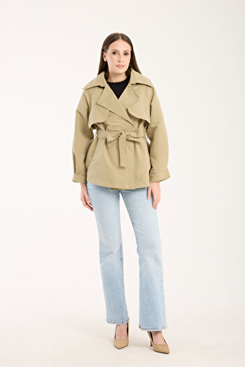 MODAMERSİ Women's Khaki Aller Detailed Lined Short Trench Coat