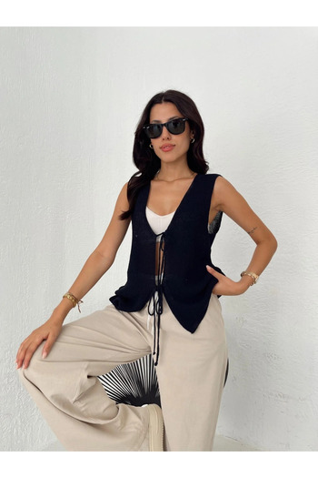 My Blog Navy Blue Sleeveless Two Lace-Up Long Knit Vest