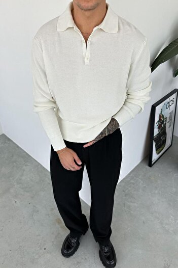 HAFKAGİYİM Ecru Basic Ribbed Buttoned Collar Relaxed Sweater