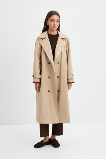 KADRİYE BAŞTÜRK Double-Breasted Collar Lined Long Trench Coat Stone