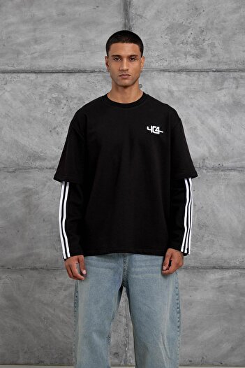 NOMARC Black Yc4 Oversize Sweatshirt with Segmented Stripe Detail on the Sleeves