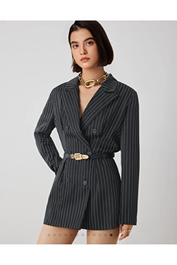 ARDSU Cider Belted Striped Notched Collar Blazer Jacket