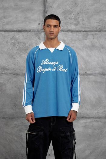 NOMARC Blue Text Detailed Polo Neck Oversize Sweatshirt