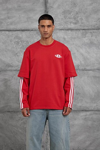 NOMARC Red Yc4 Oversize Sweatshirt with Segmented Stripe Detail on the Sleeves