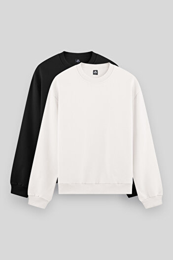 TOMMY LIFE Standard Fit Basic O Neck 2-Pack Black-Ecru Men's Sweatshirt - 88053