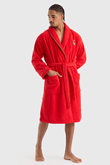 Benetton Home Bathrobe Men Women Unisex Red 100% Cotton