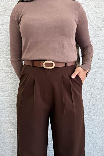 MELEK ARAZ Front Pleated Detail Palazzo Women's Trousers - Brown