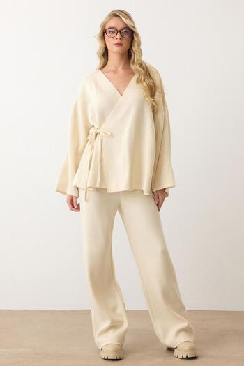 Olcay Lace-Up Kimono Pants Knitwear Set Ecru 9364-Tk