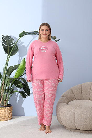 lindros Pijama damă big size roz închis, imprimeu My Best Life, 100% bumbac