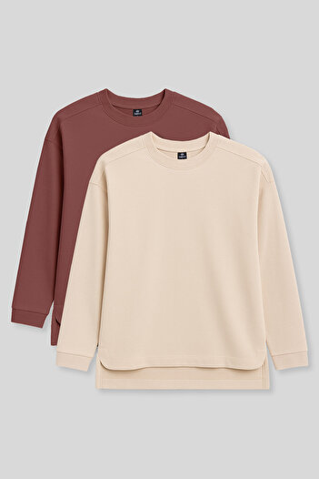 TOMMY LIFE Comfortable Fit O-Neck 2-Pack Beige-Brown Women's Tunic Sweatshirt - 97305
