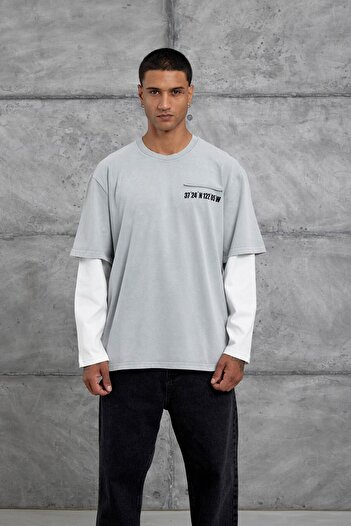 NOMARC Gray Oversize Sweatshirt with Pocket Detail and Partial Sleeve Design