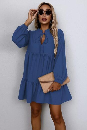 Mossta Collar Tie-Up Long Sleeve Linen Dress - Navy Blue