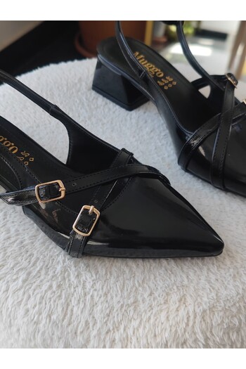 MUGGO Lumina Pointed Toe Open Back Belt Detailed Two-Strap Women's Low Heel Shoes