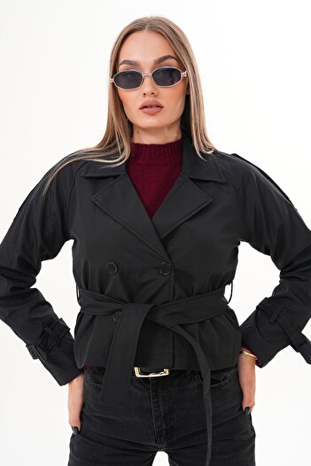 soi fashion Belted Lined Short Trench Coat Black
