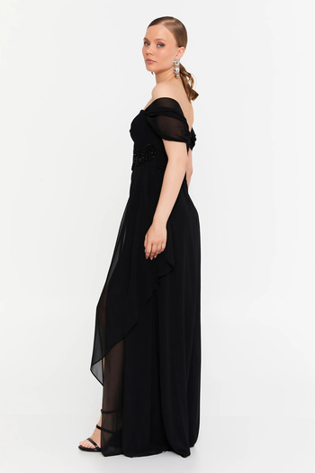 DORİDORCA Women's Low Sleeve Stone Detailed Chiffon Maxi Length Evening Dress 7035 Black