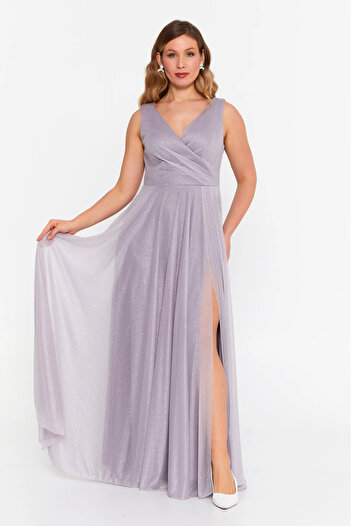 DORİDORCA Women's Plus Size Glitter Detailed Sleeveless Maxi Evening Dress 6111 Mink