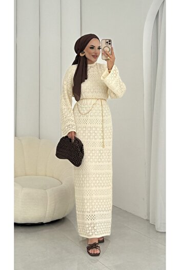 MissPul Women's Lined Mesh Belt Detailed Long Mesh Tulle Dress Is Not Chainless.