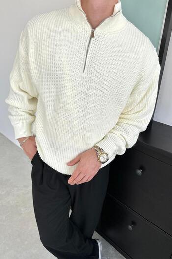 HAFKAGİYİM Ecru Half-Zip High Neck Knit Sweater