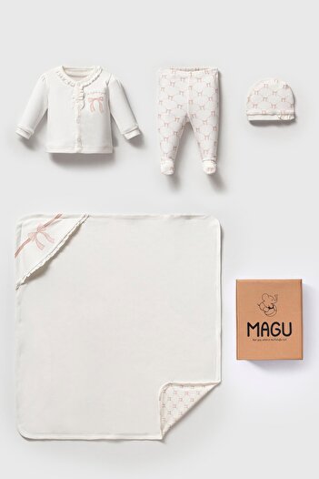 Magu Baby Girl Organic Cotton Ecru Bowknot 4-Piece Hospital Discharge Gift Set - Blanket Boxed