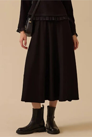 SEÇİL Women's Elastic Waist Flared Skirt with Pockets - Black
