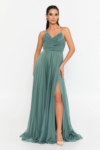 DORİDORCA Women's Backless Bow Draped V-Neck Evening Dress 6128 Çağla