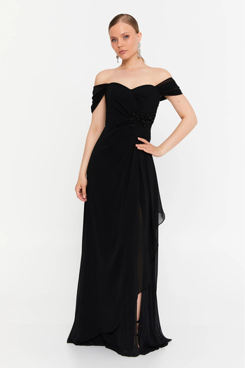 DORİDORCA Women's Low Sleeve Stone Detailed Chiffon Maxi Length Evening Dress 7035 Black