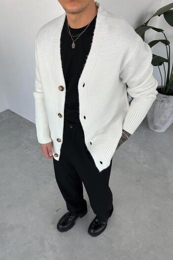 HAFKAGİYİM Ecru Basic Soft Relaxed Cardigan