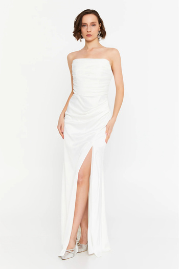 DORİDORCA Women's Strapless Draped Satin Maxi Evening Dress 7051 White