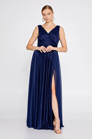 DORİDORCA Women's Plus Size Glitter Detailed Sleeveless Maxi Evening Dress 6111 Navy Blue