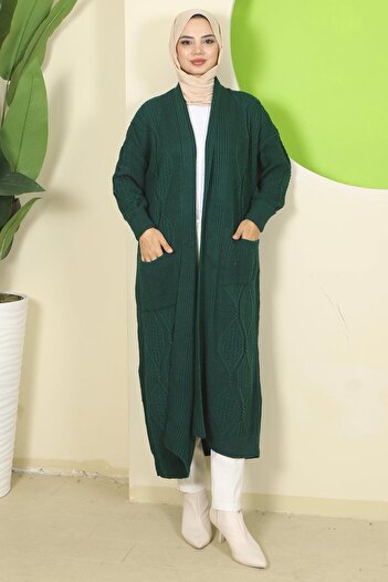 hafsamina Shawl Collar Pocketed Knitwear Cardigan Emerald Hm2534