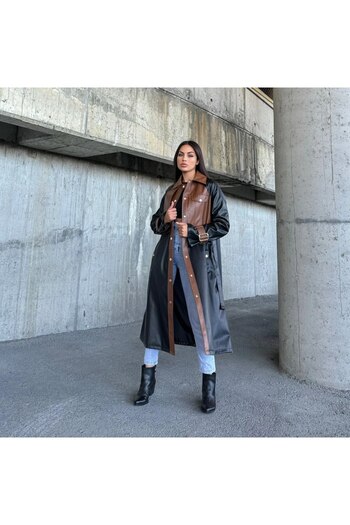 369 etnik butik Leather Look Long Women's Trench Coat