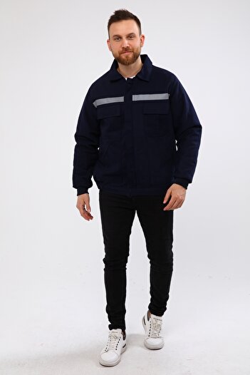 Çamdalı İş Elbiseleri Work Coat 7/7 Gabardine Quilted Navy Blue Winter Worker Coat 4 Pockets Reflective 100% Cotton