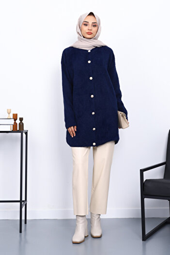 İmajButik Navy Blue Buttoned Angora Soft Knit Cardigan