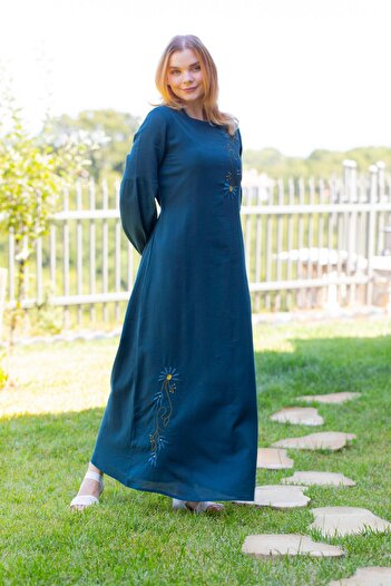 Eliş Şile Bezi Long Sleeve Sile Cloth Gülşah Crew Neck Embroidered Long Summer Dress Navy Blue Lcvt