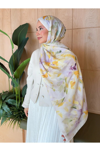 Nûda - Tarzın Değil , Tavrın Zarafeti Mira Silk Retro Pattern Cotton Soft Shawl Women Yellow Lilac