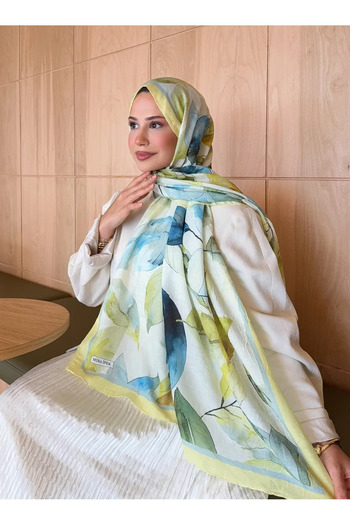 Nûda - Tarzın Değil , Tavrın Zarafeti Mira Silk Patterned Bamboo Shawl Yellow-Leaf